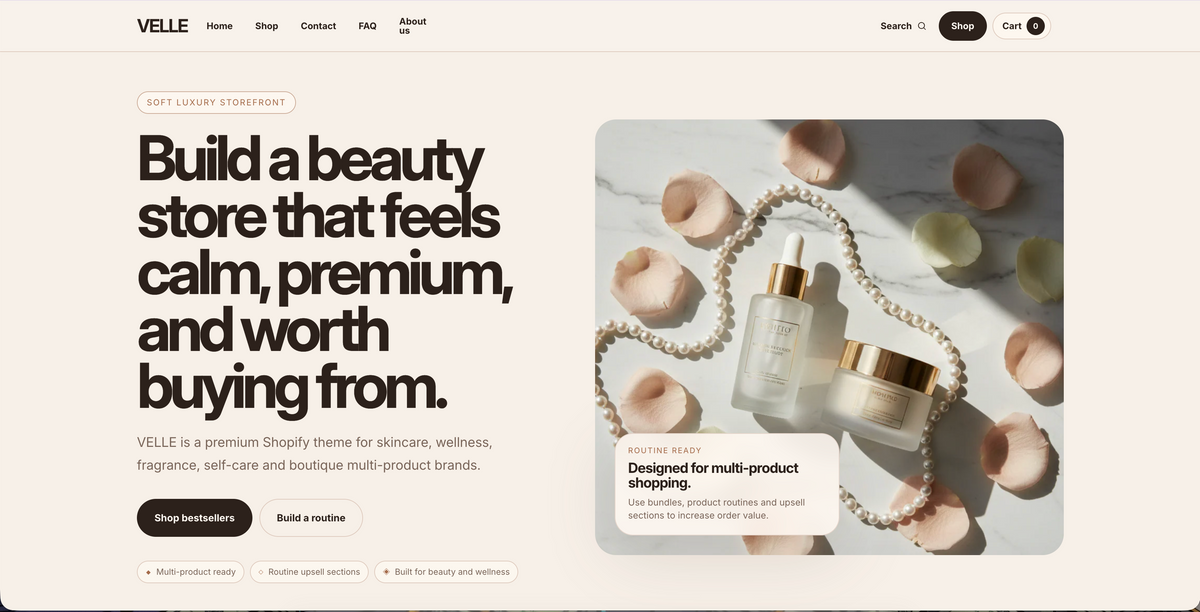 VELLE beauty and skincare Shopify theme storefront preview.