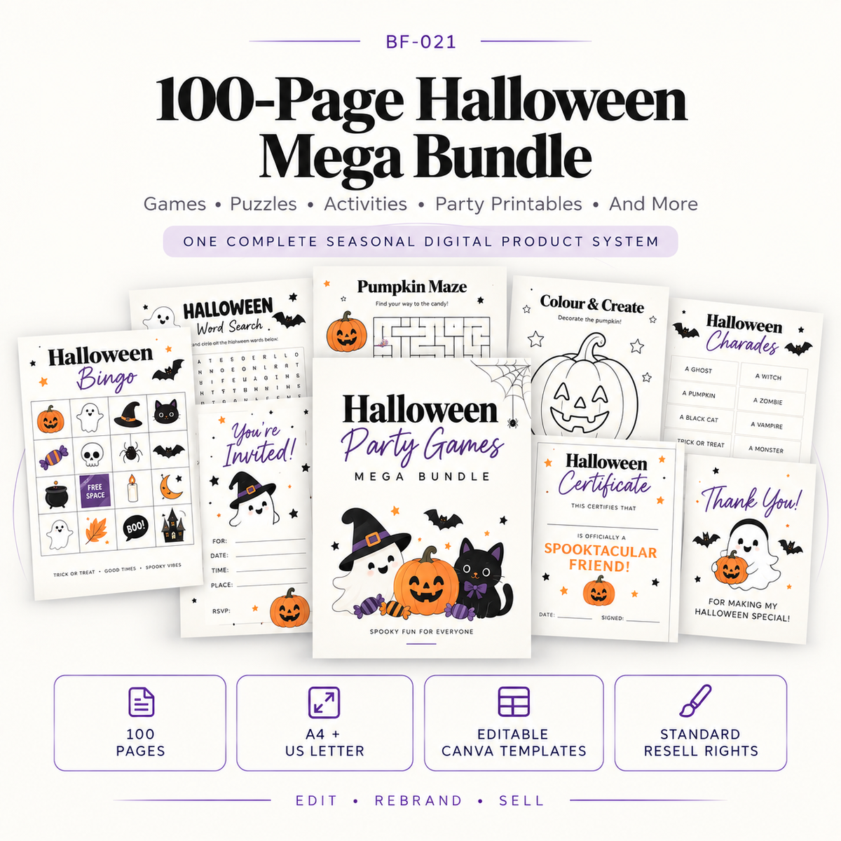 100-page Halloween mega bundle with printable games, puzzles, activities, invitations, certificates, party printables and editable Canva templates in A4 and US Letter