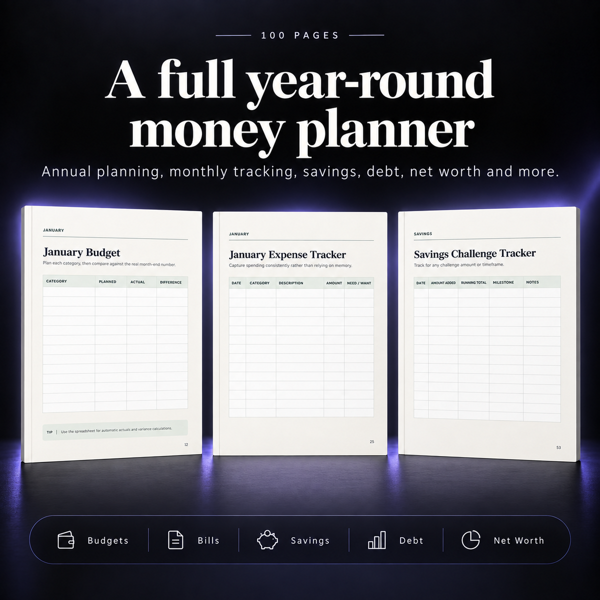 Preview of the 100-page budget and money planner with year-round budgeting, expense tracking and savings pages.