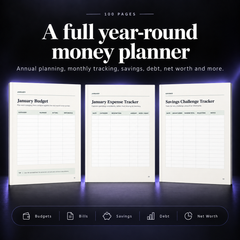 Preview of the 100-page budget and money planner with year-round budgeting, expense tracking and savings pages.