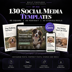 130 editable pet care social media Canva templates including 60 square posts, 30 portrait posts and 40 Stories and Reels templates.