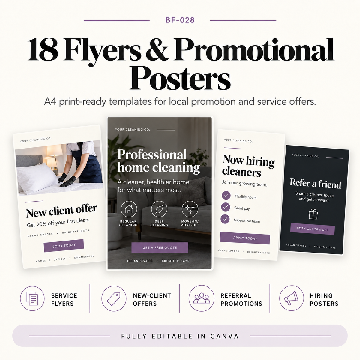 Promotional graphic showing editable flyer and poster Canva templates for cleaning businesses, designed for advertising services, offers and local promotions.