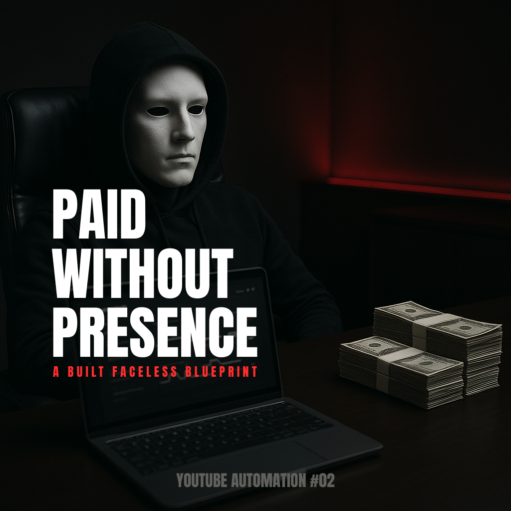 Faceless figure at a dark desk managing multiple YouTube channels remotely — Paid Without Presence Blueprint
