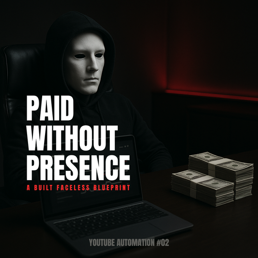 Faceless figure at a dark desk managing multiple YouTube channels remotely — Paid Without Presence Blueprint