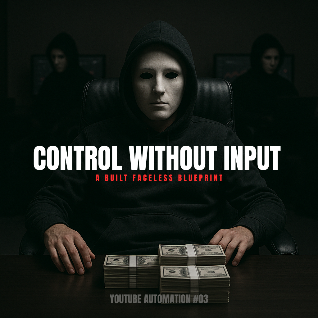 Faceless figure at a dark desk managing multiple fully automated YouTube channels — Control Without Input Blueprint
