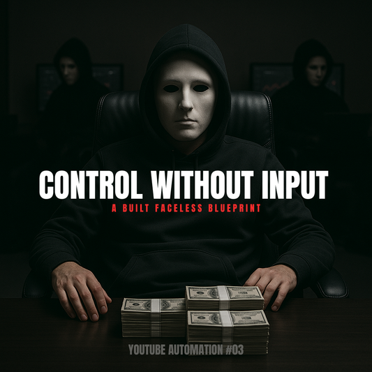 Faceless figure at a dark desk managing multiple fully automated YouTube channels — Control Without Input Blueprint