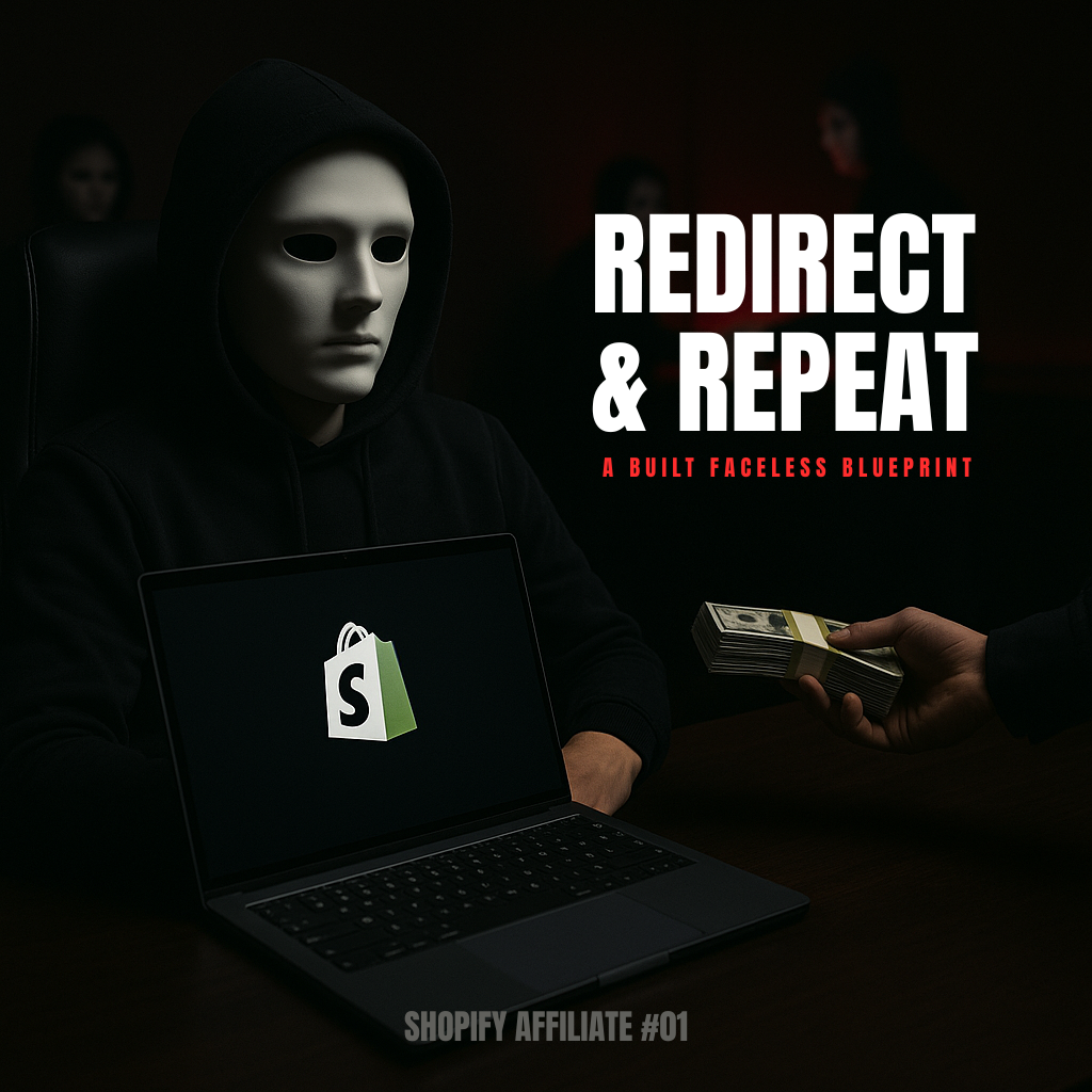 Faceless figure at a premium dark desk managing an affiliate Shopify store — Redirect & Repeat Blueprint

