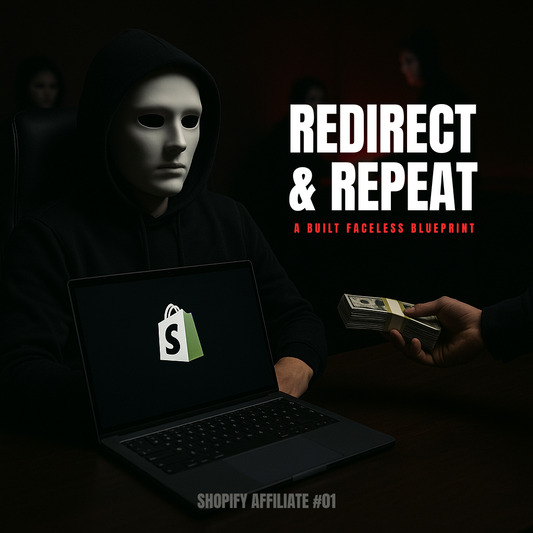 Faceless figure at a premium dark desk managing an affiliate Shopify store — Redirect & Repeat Blueprint


