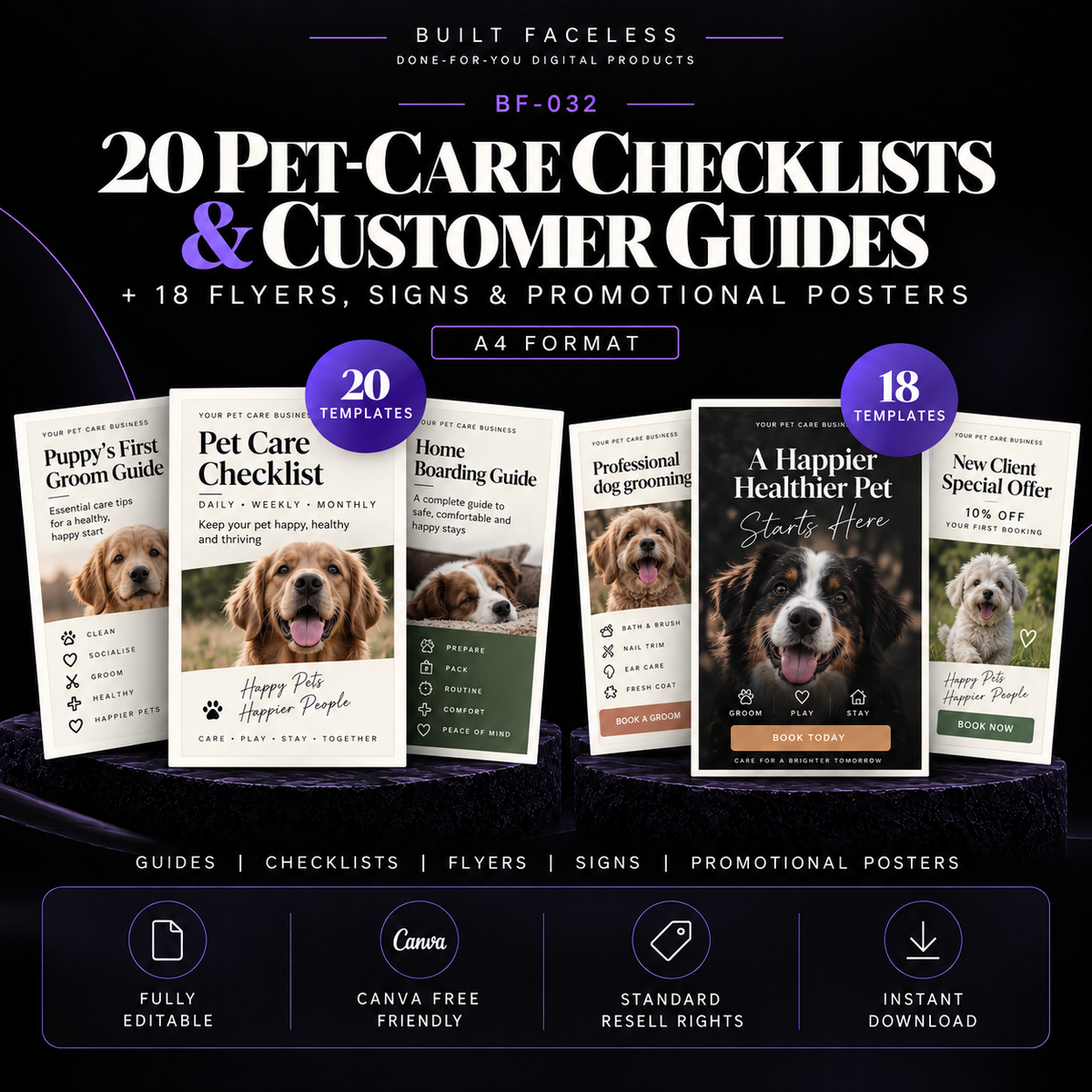 20 editable pet care checklists and customer guides plus 18 flyers, signs and promotional poster Canva templates for pet businesses.