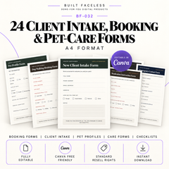 24 editable Canva client intake, booking and pet care forms including pet profiles, medication forms, emergency contacts and care forms.
