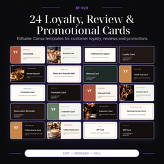 24 editable loyalty, review and promotional card templates for restaurants, cafes and food businesses including customer reward, referral, review request and promotional designs