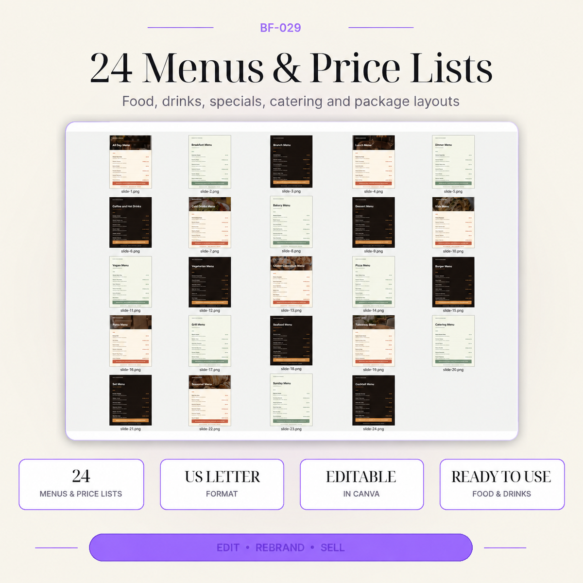 24 editable restaurant, cafe and food business menu and price list Canva templates in US Letter format for food, drinks, specials, catering and package layouts