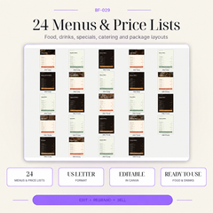 24 editable restaurant, cafe and food business menu and price list Canva templates in US Letter format for food, drinks, specials, catering and package layouts