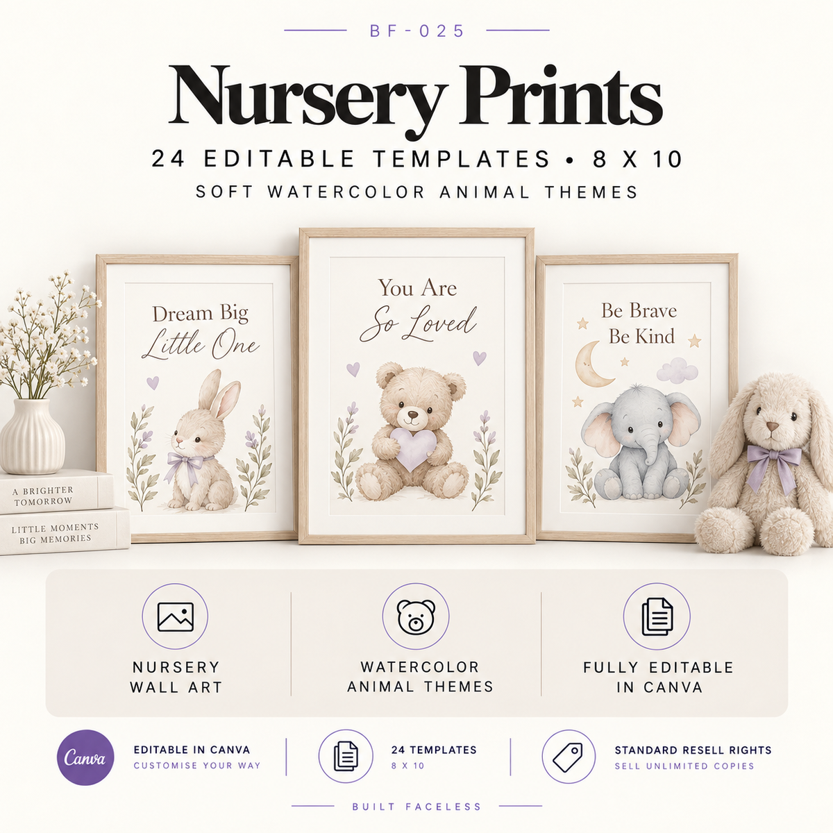 24 editable 8x10 nursery print templates with soft watercolor animal artwork, nursery quotes and coordinated wall art designs editable in Canva