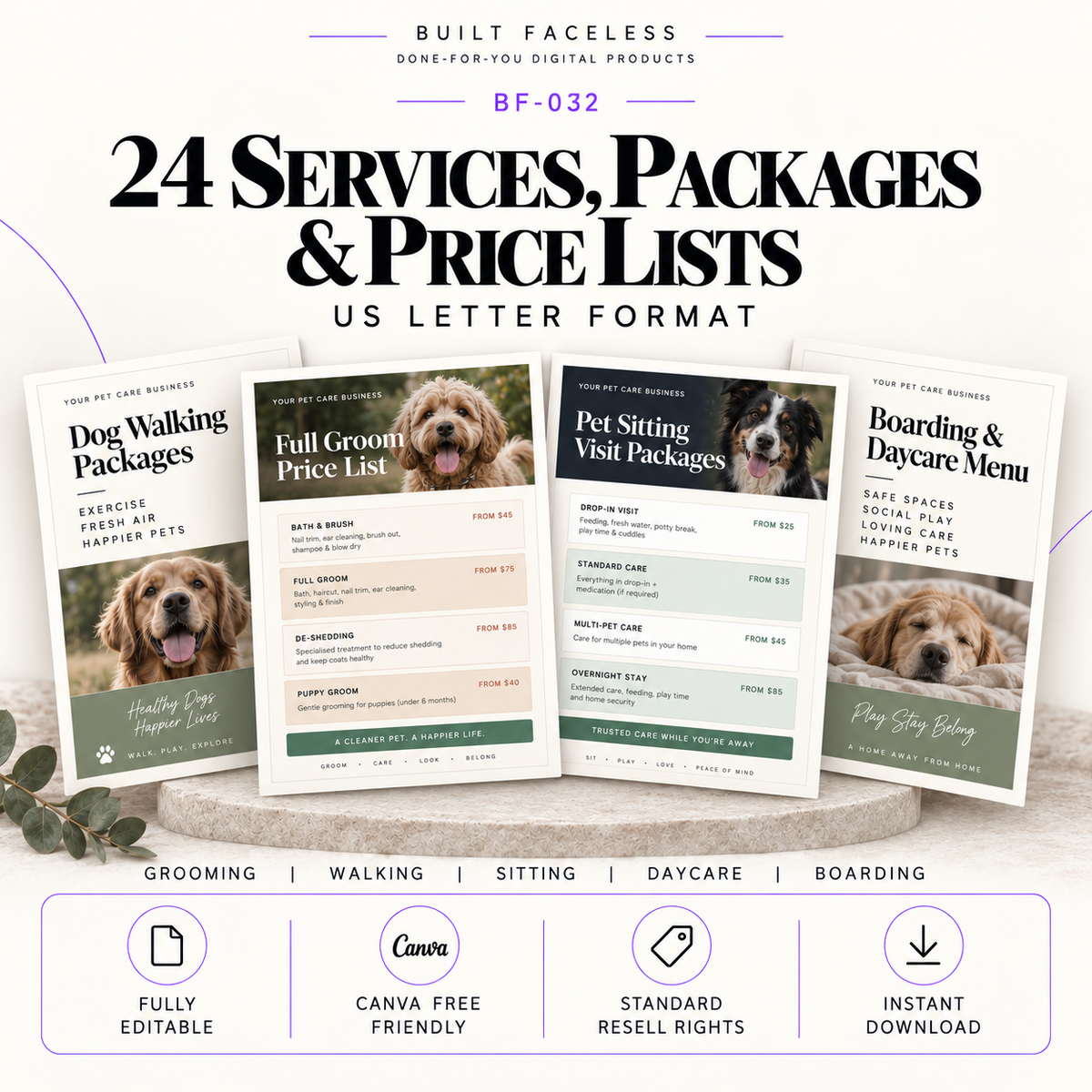 24 editable Canva service, package and price list templates for pet grooming, dog walking, pet sitting, daycare and boarding businesses.