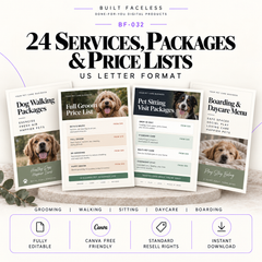 24 editable Canva service, package and price list templates for pet grooming, dog walking, pet sitting, daycare and boarding businesses.