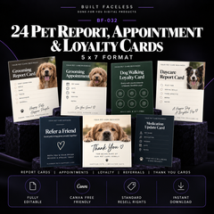 24 editable pet care Canva templates for report cards, appointment cards, loyalty cards, referral cards and customer thank you cards.