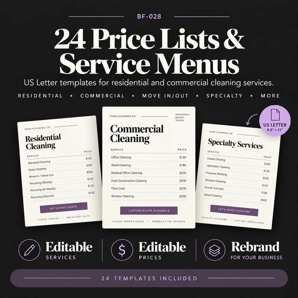 Mockup image showing editable cleaning business price list and service menu Canva templates designed for displaying services, pricing and package information.