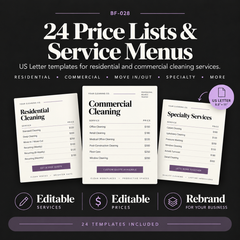 Mockup image showing editable cleaning business price list and service menu Canva templates designed for displaying services, pricing and package information.