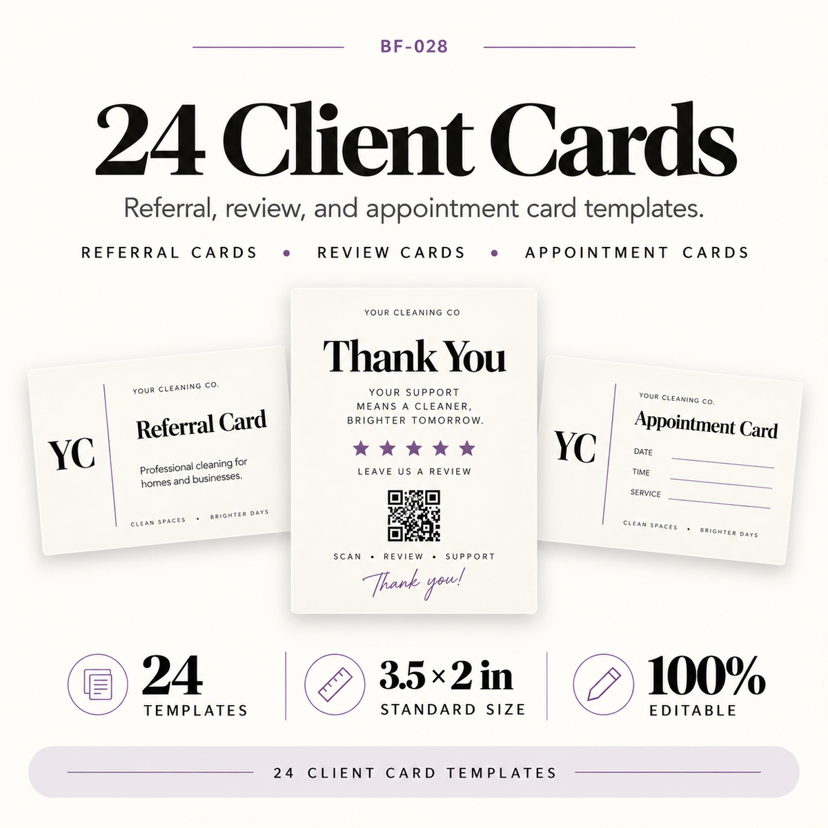 Product mockup showing editable referral cards, review request cards and appointment card templates for cleaning businesses in Canva.