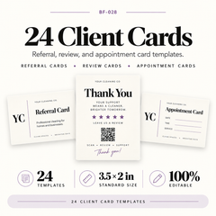 Product mockup showing editable referral cards, review request cards and appointment card templates for cleaning businesses in Canva.