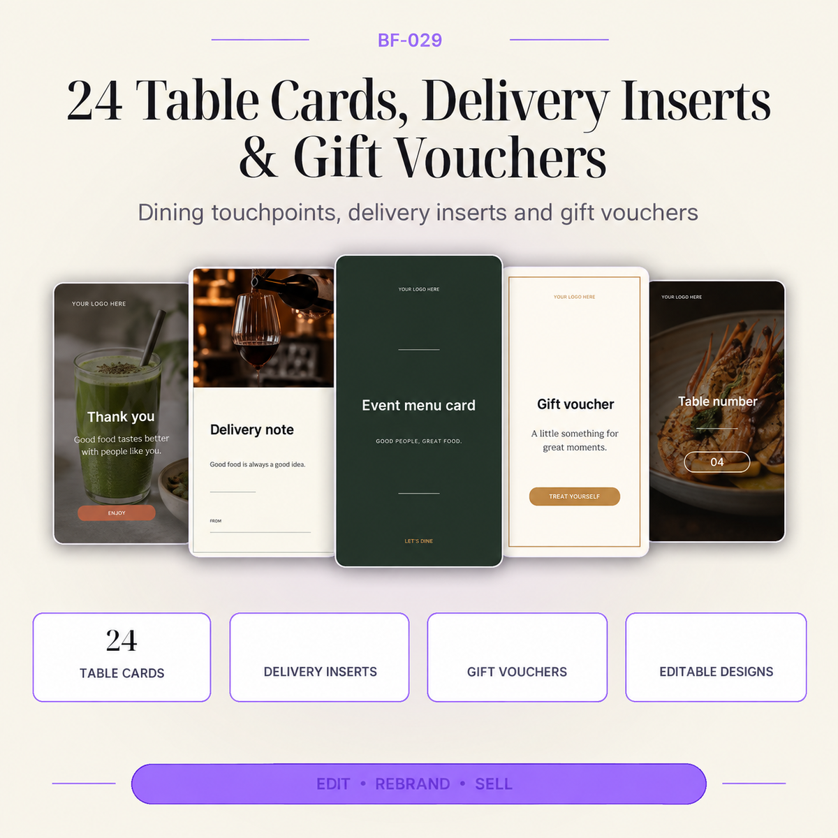 24 editable 5x7 Canva templates for table cards, delivery inserts, customer thank-you cards, QR prompts and gift vouchers for restaurants, cafes and food businesses