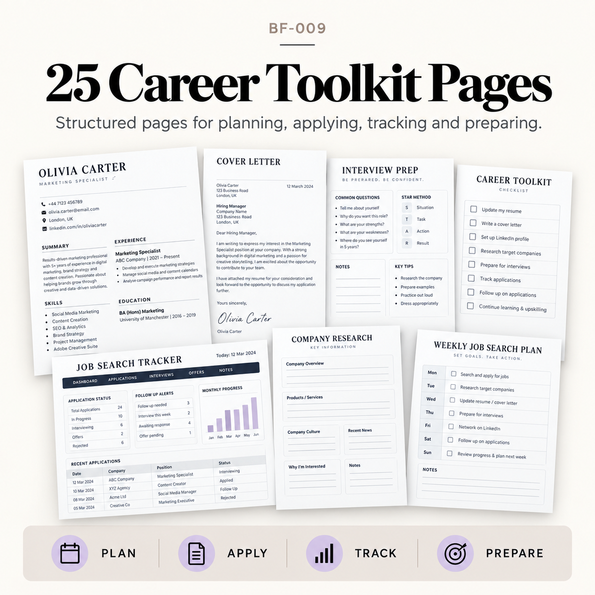25-page career toolkit with resume templates, cover letter, interview prep, company research, job search tracker and weekly planning pages