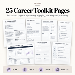 25-page career toolkit with resume templates, cover letter, interview prep, company research, job search tracker and weekly planning pages