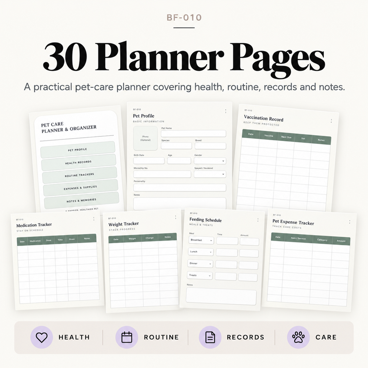 30-page pet care planner covering pet profiles, vaccinations, medication, feeding, weight, expenses, routines, grooming and health records