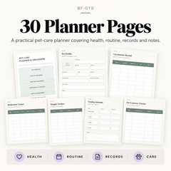 30-page pet care planner covering pet profiles, vaccinations, medication, feeding, weight, expenses, routines, grooming and health records
