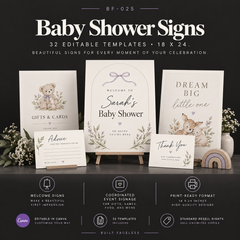 32 editable 18x24 baby shower sign templates including welcome signs, gifts and cards signs, books for baby signs, guess the baby signs and other coordinated event signage