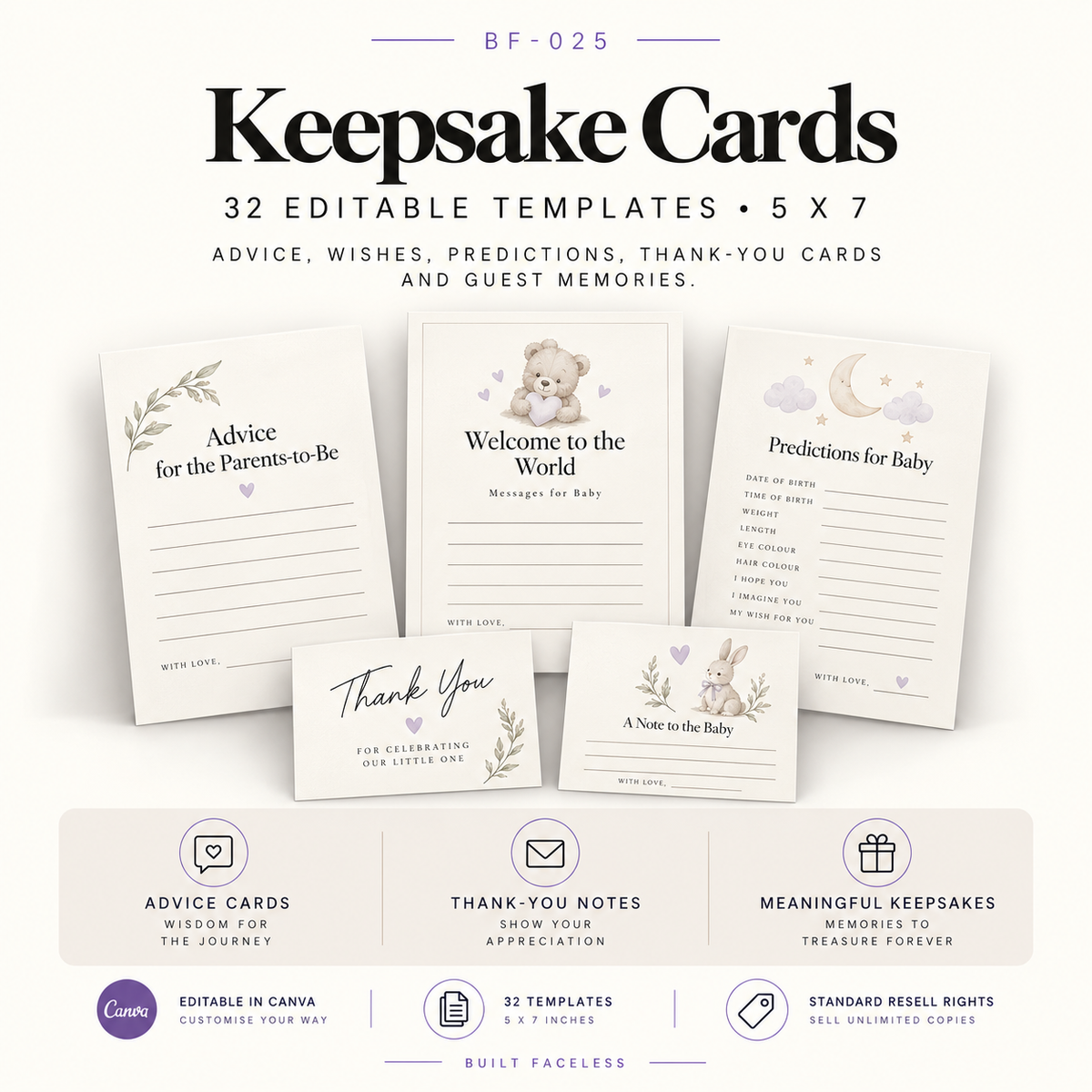 32 editable 5x7 keepsake, advice and thank-you card templates including wishes for baby, prediction cards, guest messages, advice cards and thank-you designs