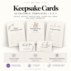 32 editable 5x7 keepsake, advice and thank-you card templates including wishes for baby, prediction cards, guest messages, advice cards and thank-you designs