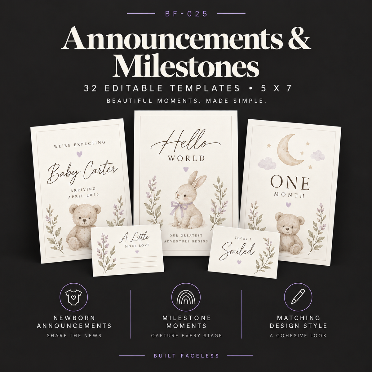 32 editable 5x7 newborn announcement and milestone templates including pregnancy announcements, birth announcements, monthly milestones and first moment cards