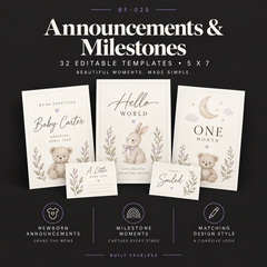 32 editable 5x7 newborn announcement and milestone templates including pregnancy announcements, birth announcements, monthly milestones and first moment cards