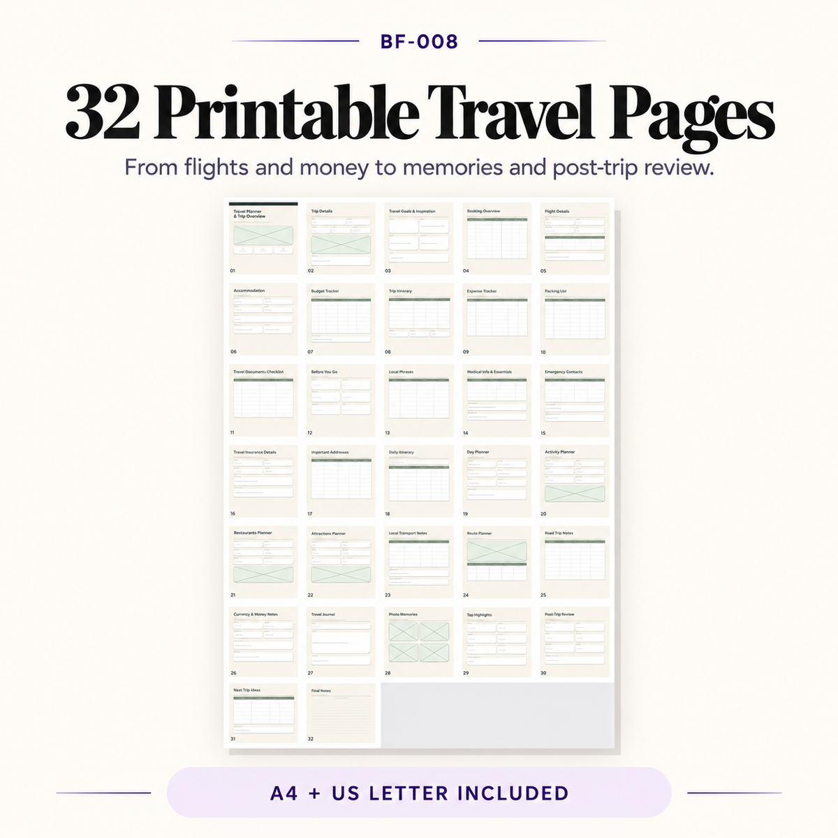 32 printable travel planner pages covering flights, accommodation, budgeting, packing, itineraries, activities, memories and post-trip review