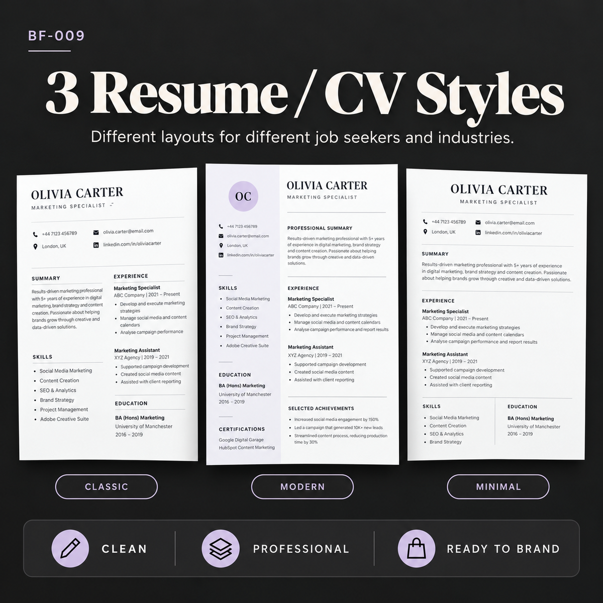 Three editable resume and CV styles including Classic, Modern and Minimal layouts for different job seekers and industries