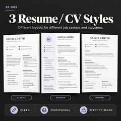 Three editable resume and CV styles including Classic, Modern and Minimal layouts for different job seekers and industries