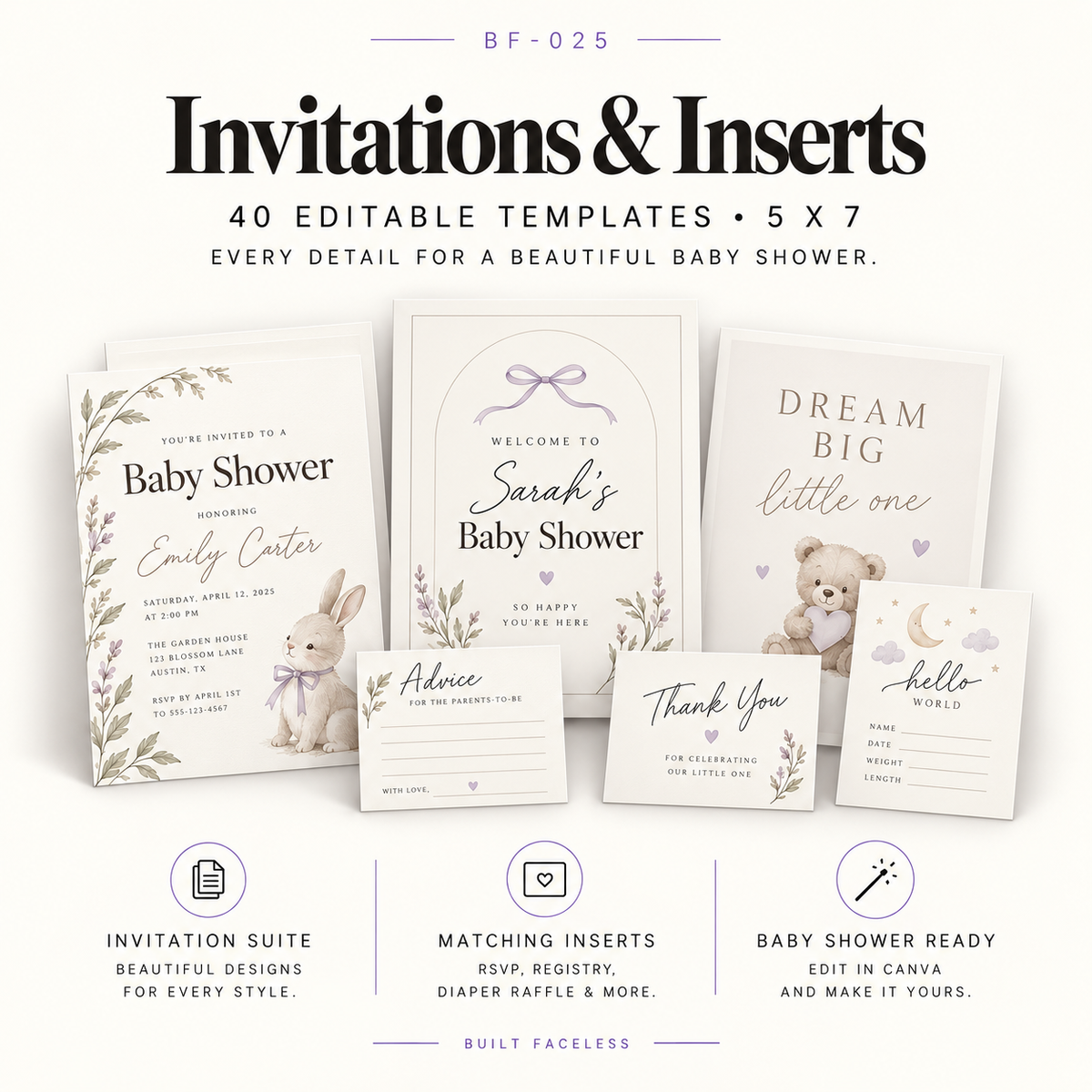 40 editable 5x7 baby shower invitations and insert templates including RSVP cards, diaper raffle cards, book request cards, registry information cards and event inserts