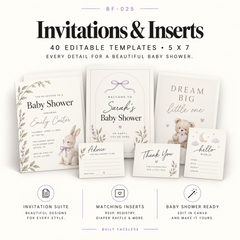 40 editable 5x7 baby shower invitations and insert templates including RSVP cards, diaper raffle cards, book request cards, registry information cards and event inserts