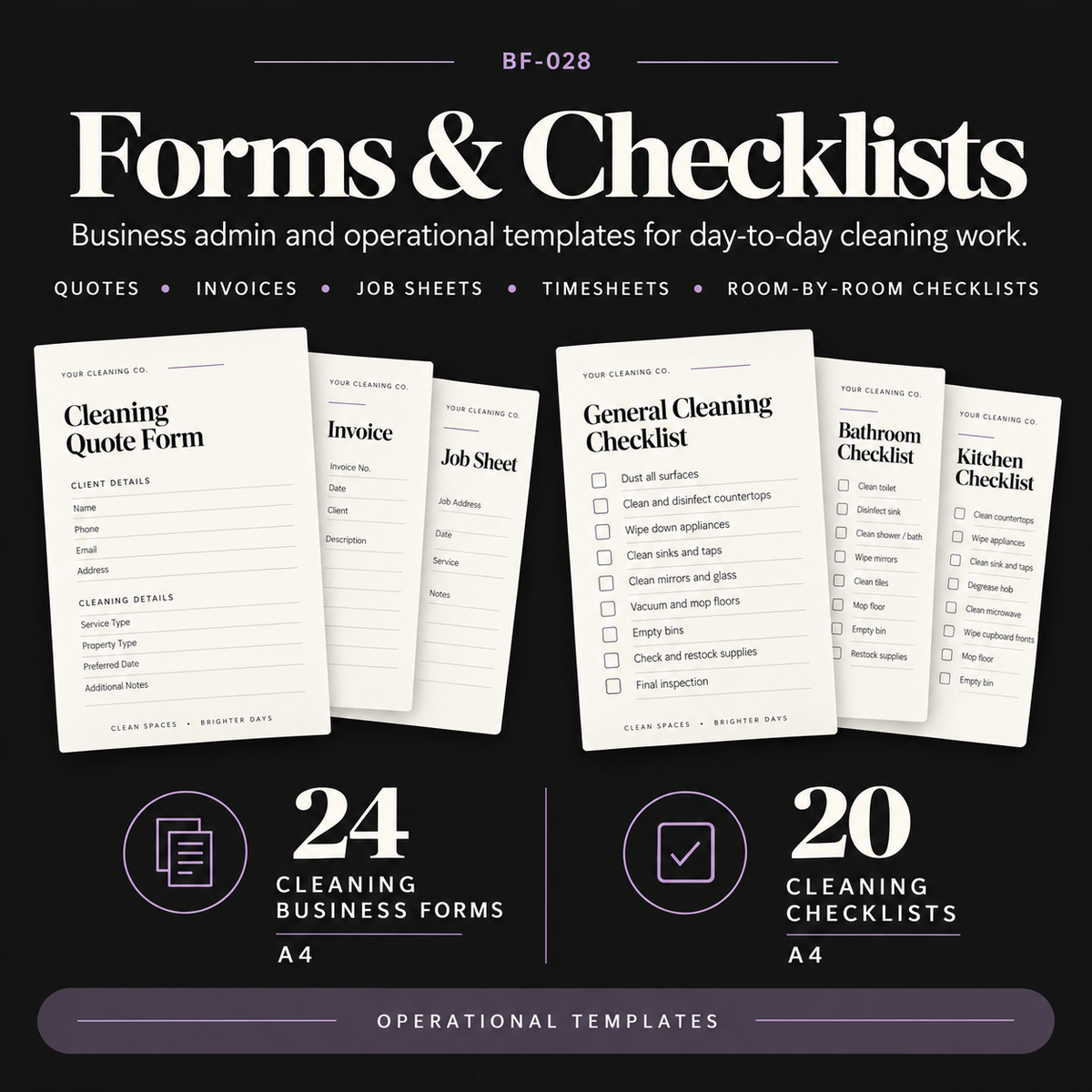 Feature graphic showing editable cleaning business forms and checklists, including client forms, records, job sheets and room-by-room cleaning checklist templates.