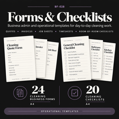 Feature graphic showing editable cleaning business forms and checklists, including client forms, records, job sheets and room-by-room cleaning checklist templates.