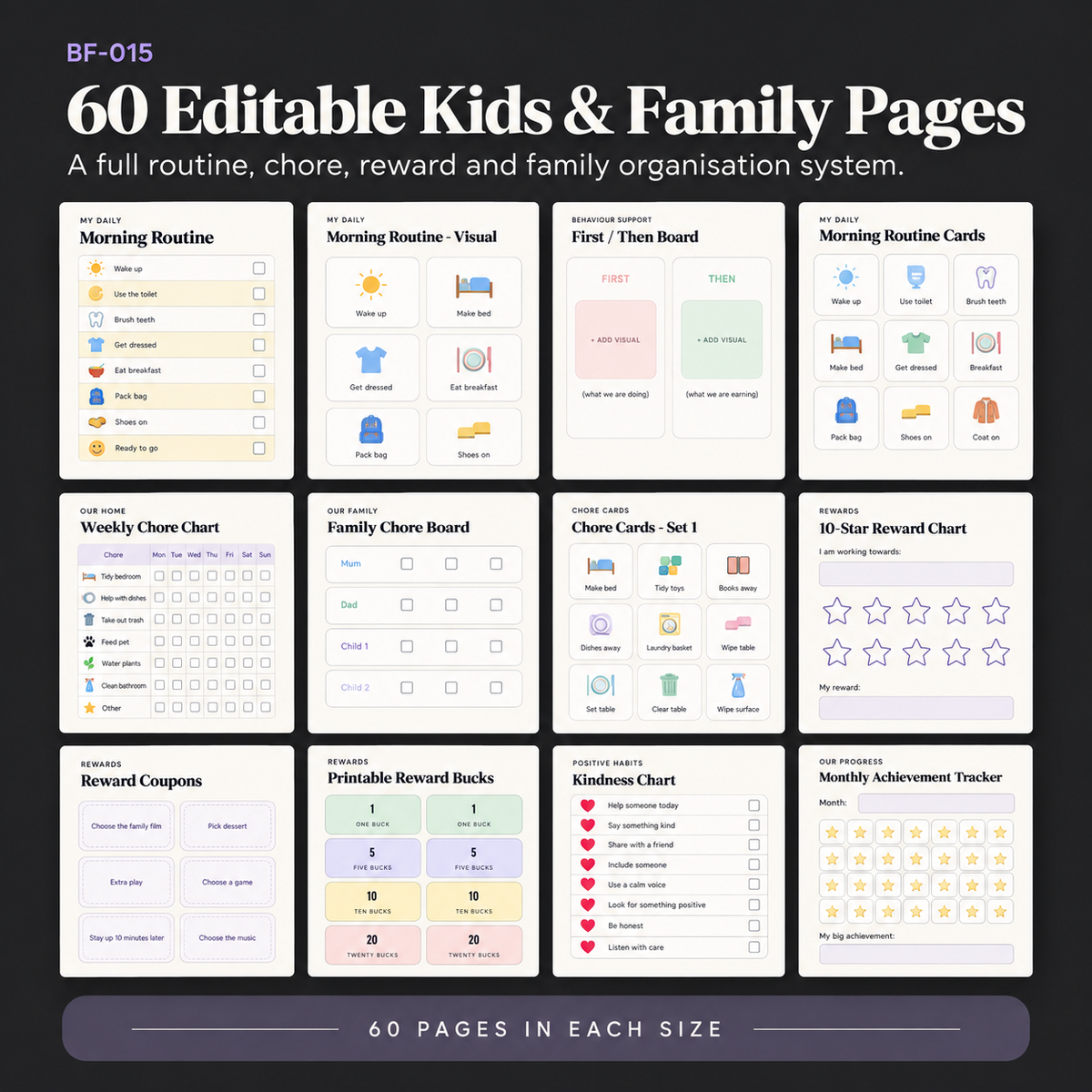 60 editable kids and family pages including routine charts, visual schedules, chore boards, reward charts, coupons, reward bucks, habit trackers and family organisation tools