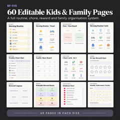 60 editable kids and family pages including routine charts, visual schedules, chore boards, reward charts, coupons, reward bucks, habit trackers and family organisation tools