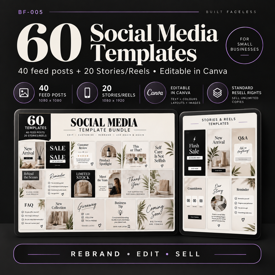 60 social media templates for small businesses including 40 feed posts, 20 Stories and Reels, editable Canva files and resell rights