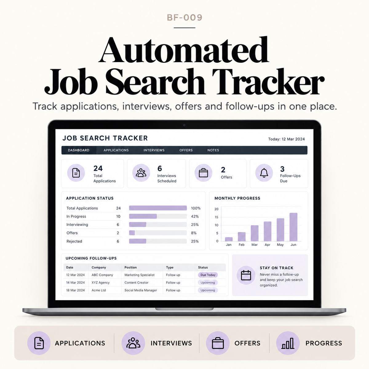 Automated job search tracker for applications, interviews, offers, follow-ups and progress with dashboard and pipeline overview