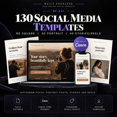 130 editable photography social media Canva templates including 60 square posts, 30 portrait posts and 40 Stories and Reels for photographers and photography businesses