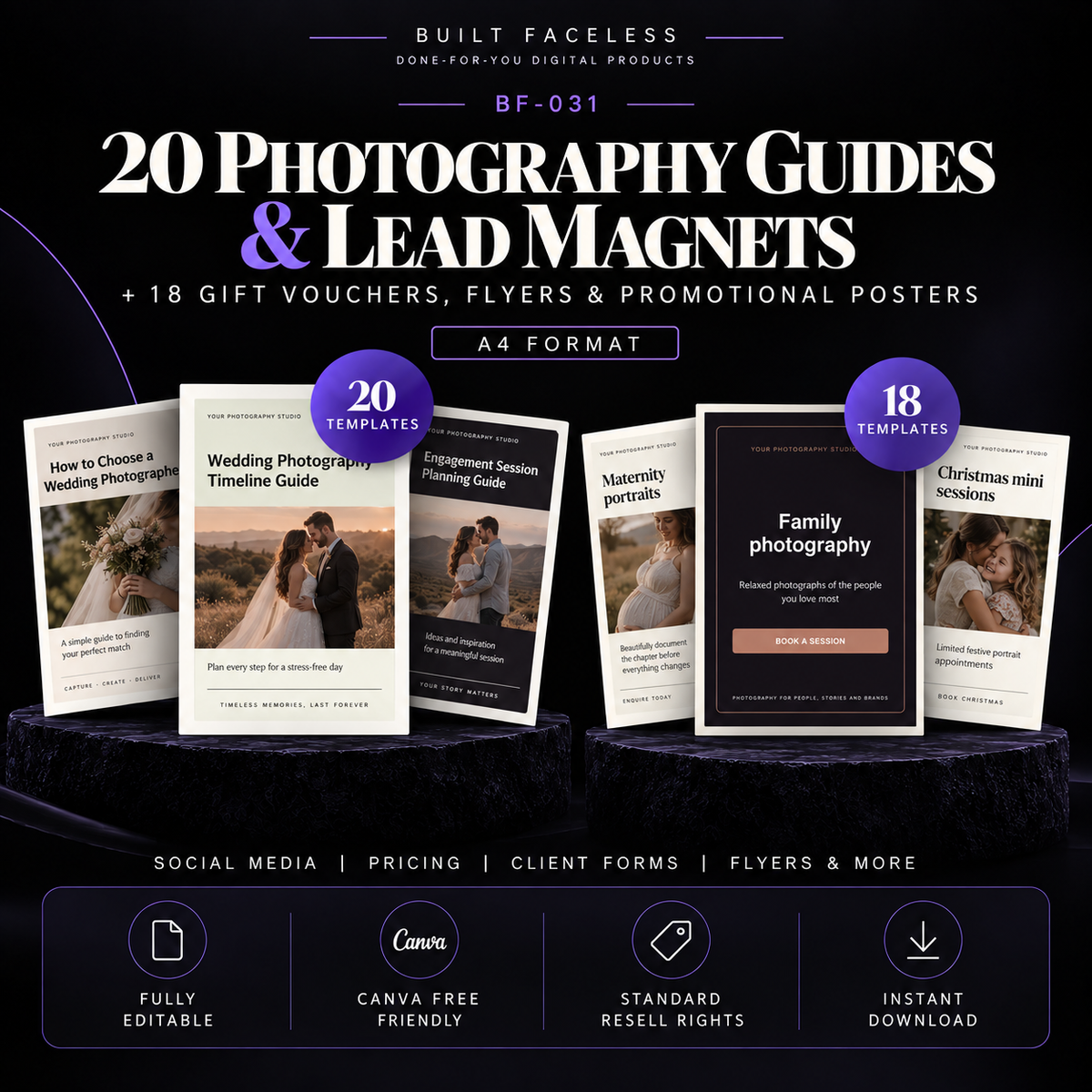 20 editable photography guides and lead magnets plus 18 gift vouchers, flyers and promotional posters for photographers and photography businesses