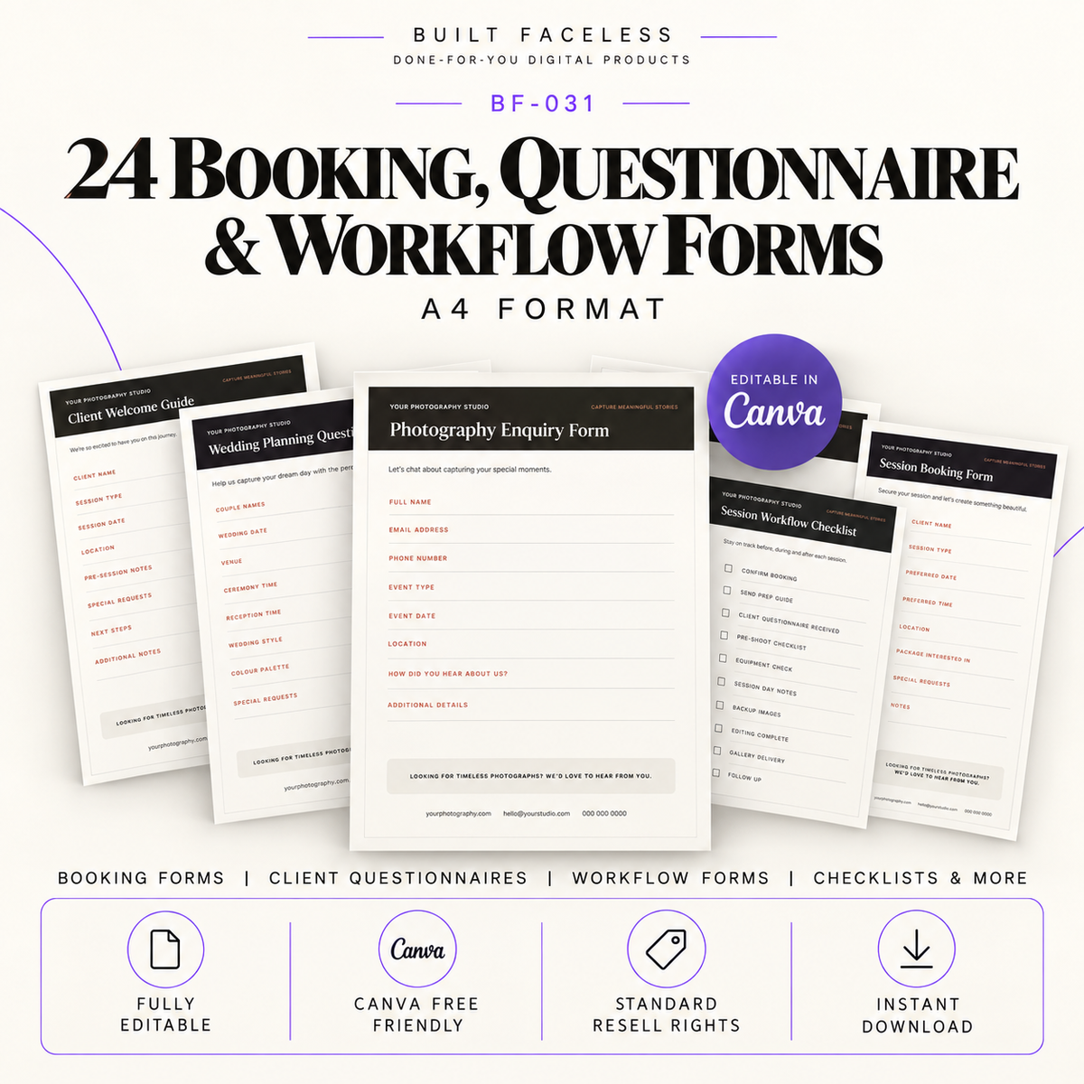 24 editable A4 photography business forms including booking forms, client questionnaires, enquiry forms, workflow checklists and session planning documents