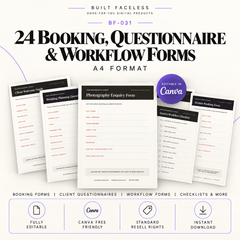 24 editable A4 photography business forms including booking forms, client questionnaires, enquiry forms, workflow checklists and session planning documents